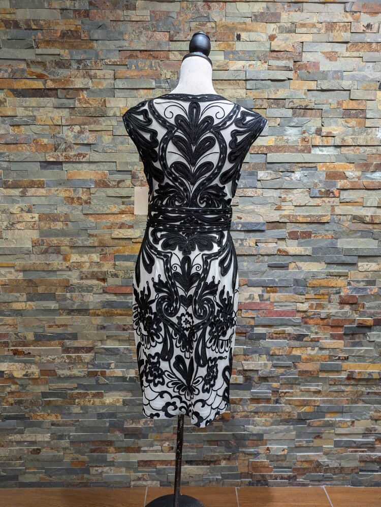 Sue Wong White & Black Embroidered Cocktail Dress, Size  8