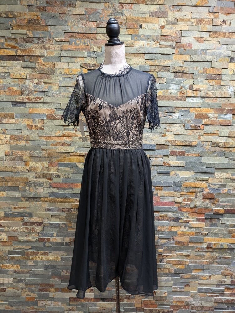 Black Chiffon Lace Insert Party Dress, Size 8