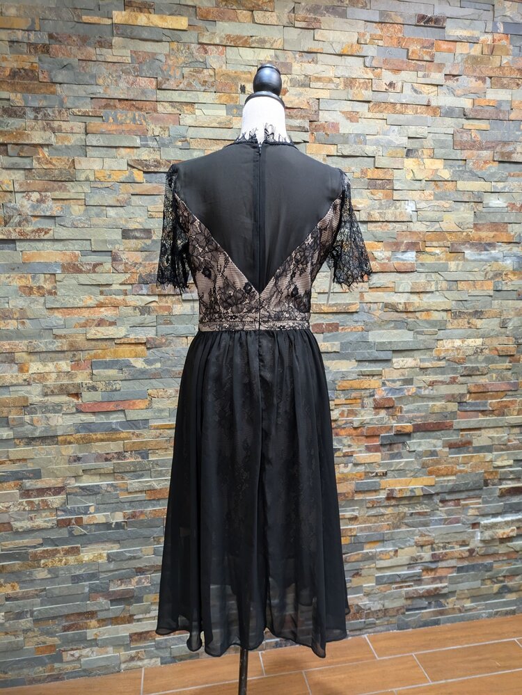 Black Chiffon Lace Insert Party Dress, Size 8