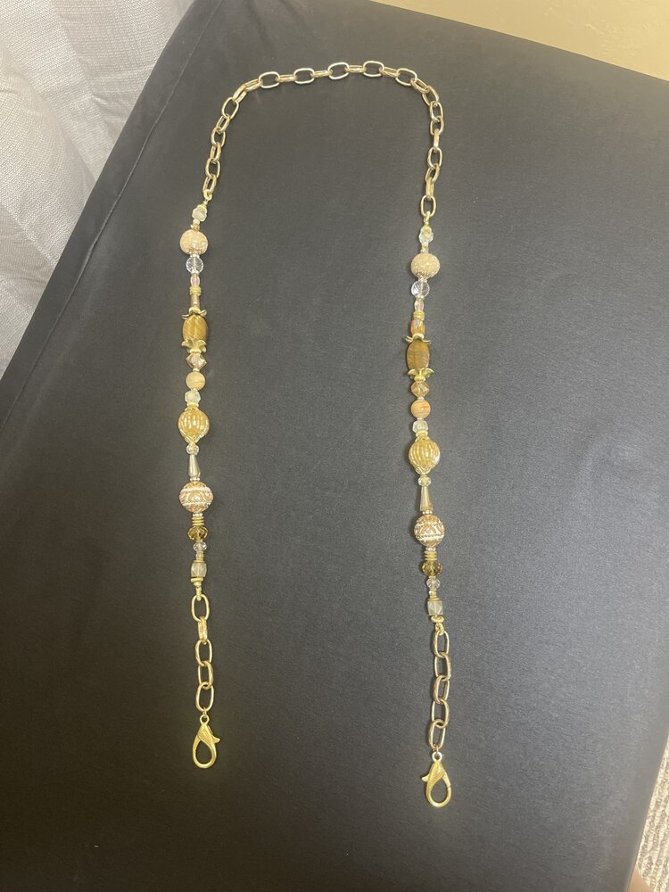 Gold Handcrafted Handbag Strap w/Crystal, Tiger Eye and Golden Jade