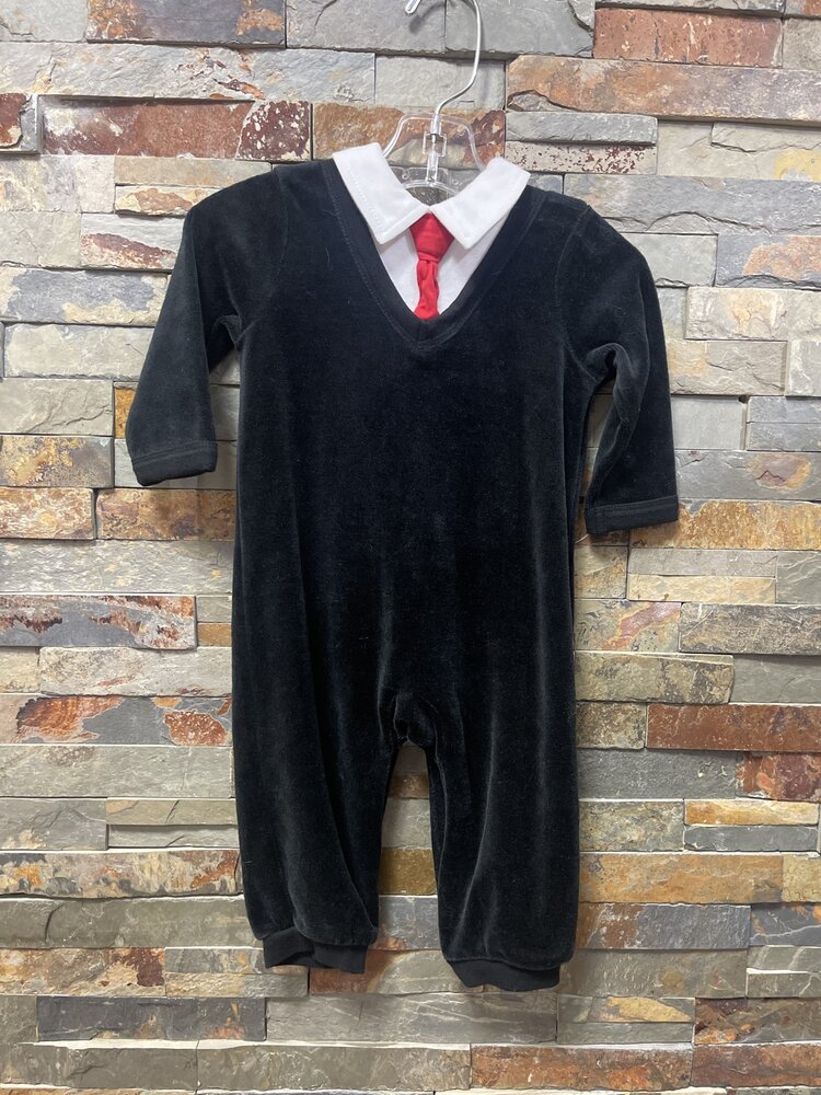 Black Romper with Shirt & Tie Detail, Size 6M
