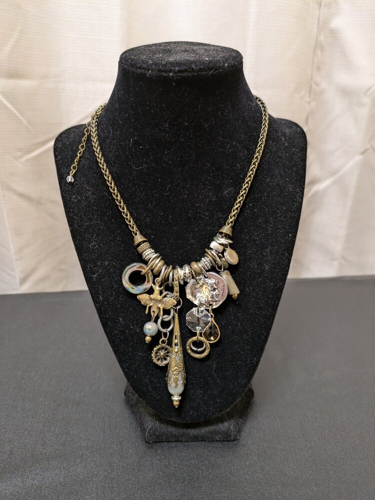 Nickel w/Ring, Coin, Stone & Pendent Drop Necklace