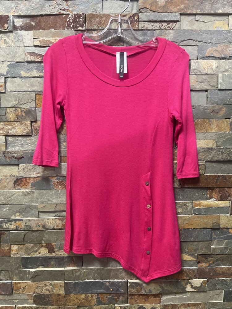 Hot Pink Top with Round Neck, 3/4 Sleeves and Button Trim