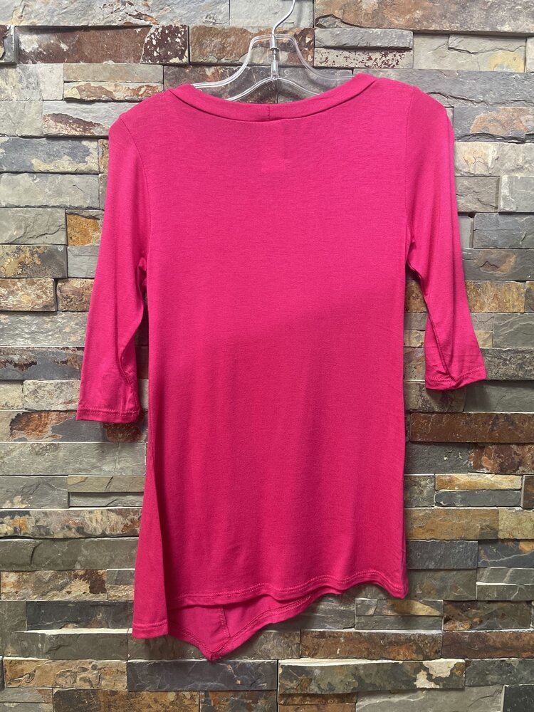 Hot Pink Top with Round Neck, 3/4 Sleeves and Button Trim