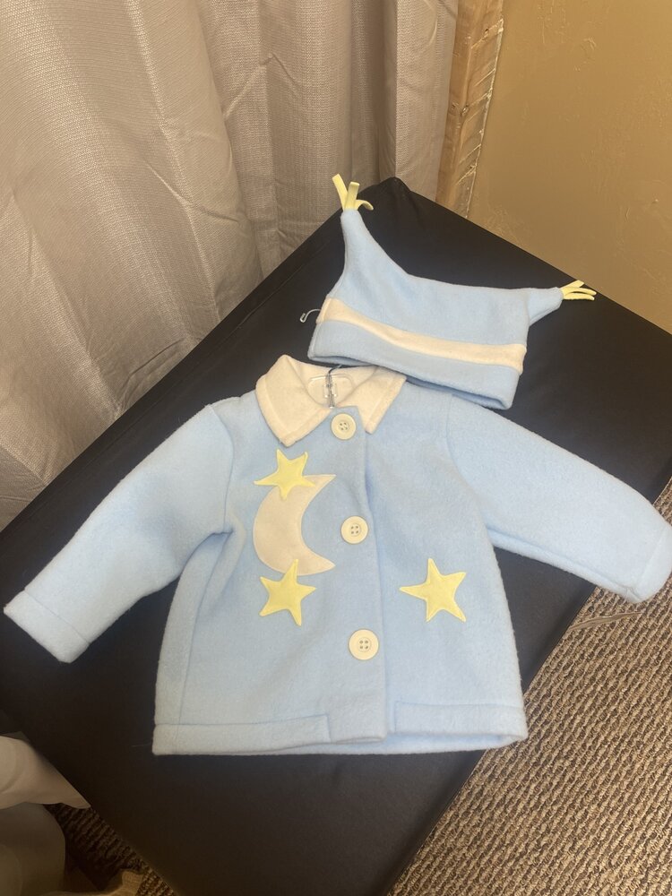 Light Blue Moon & Stars Fleece Jacket with Jester Cap, Size 18M