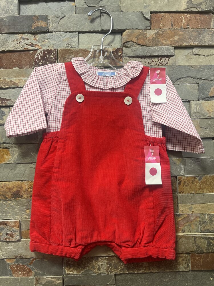 Red Corduroy Shortall and Checkered Shirt, Size Newborn