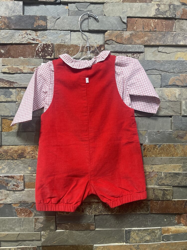 Red Corduroy Shortall and Checkered Shirt, Size Newborn