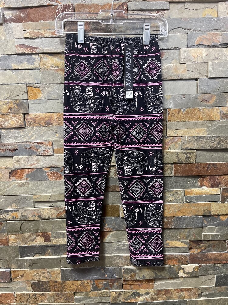 Black & Pink Elephant Print Kids Leggings