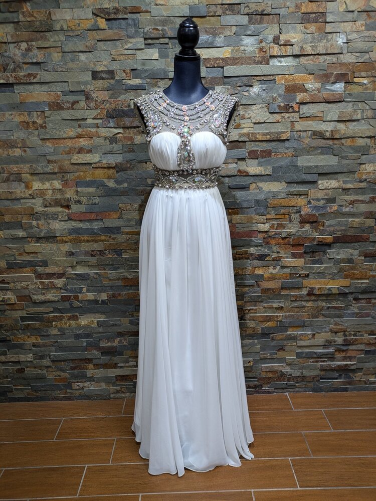 White & Nude Sheer Iridescent Beaded Dress, Size XS