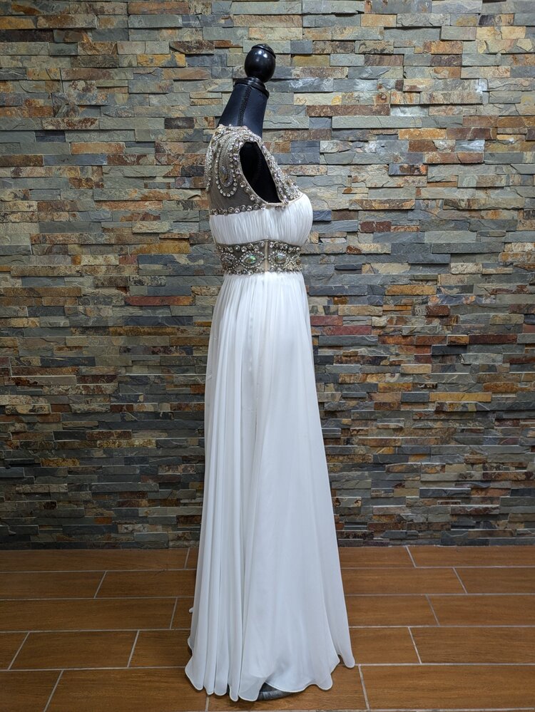 White & Nude Sheer Iridescent Beaded Dress, Size XS