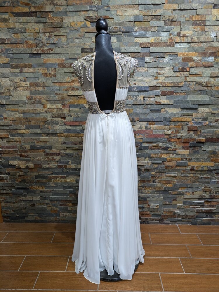 White & Nude Sheer Iridescent Beaded Dress, Size XS