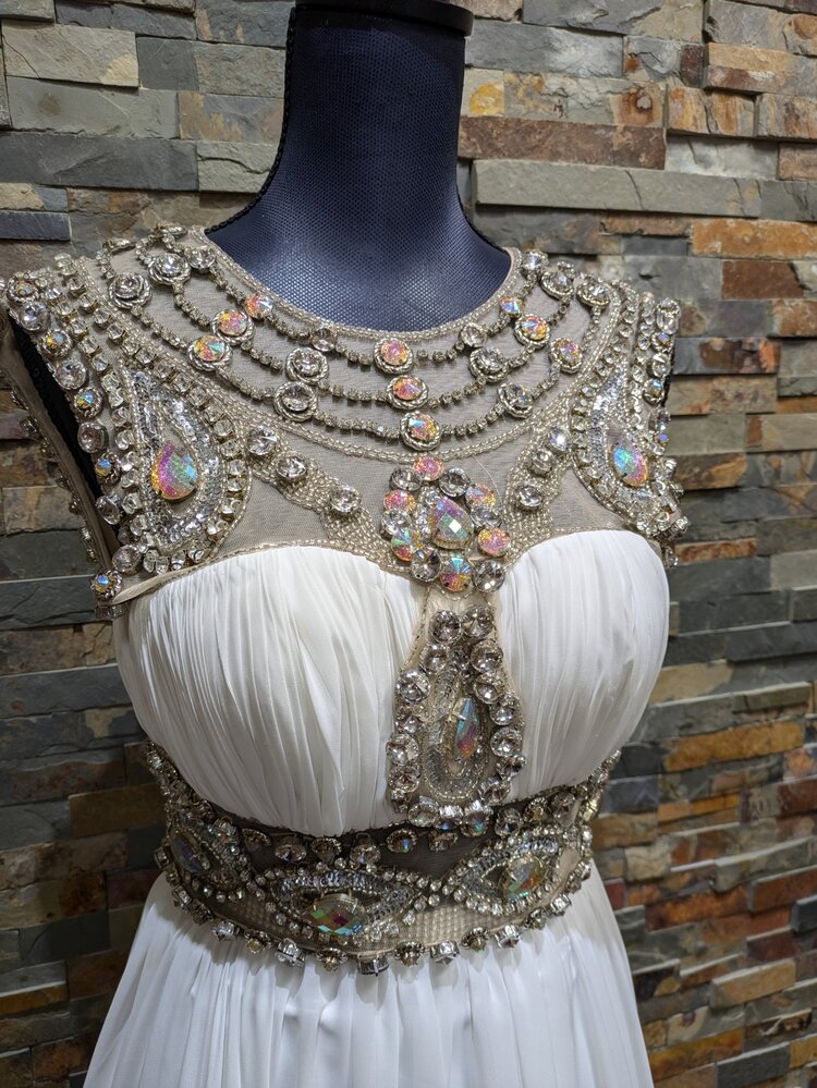 White & Nude Sheer Iridescent Beaded Dress, Size L