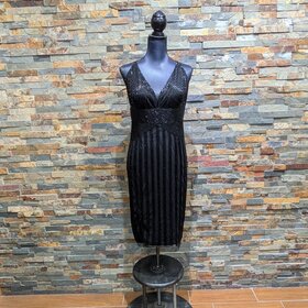 Adrianna Papell Black Beaded V-neck with Cross Detail, Size 14