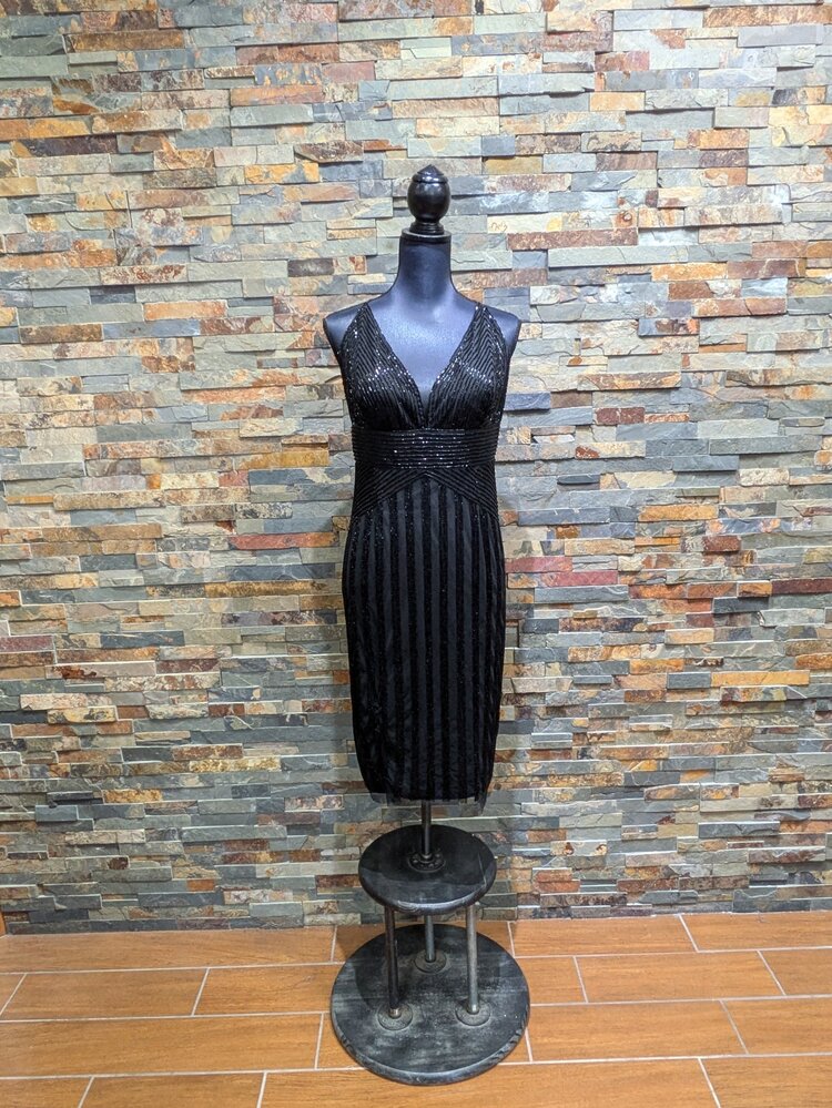 Adrianna Papell Black Beaded V-neck with Cross Detail, Size 14