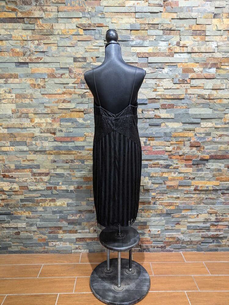 Adrianna Papell Black Beaded V-neck with Cross Detail, Size 14