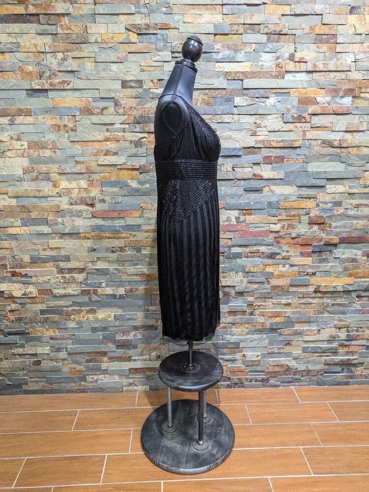 Adrianna Papell Black Beaded V-neck with Cross Detail, Size 14