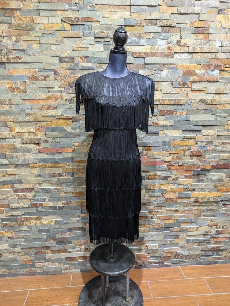 Black Fringe Layered Dress, Size 13