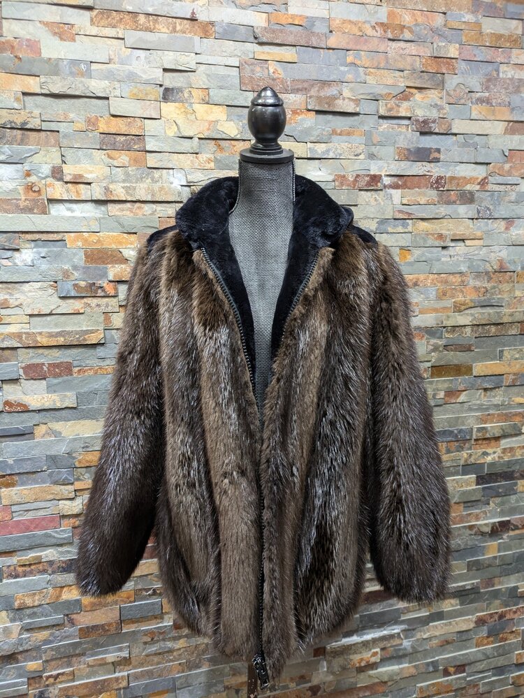 Made in Canada Natural Brown Beaver Bomber Jacket w/Detachable Hood