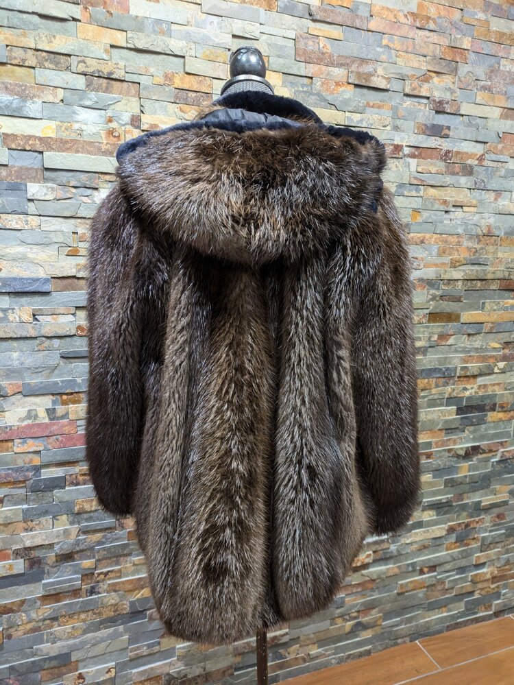 Made in Canada Natural Brown Beaver Bomber Jacket w/Detachable Hood