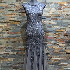 Pisarro Nights Steel Grey Beaded Gown with Godets, Size 4