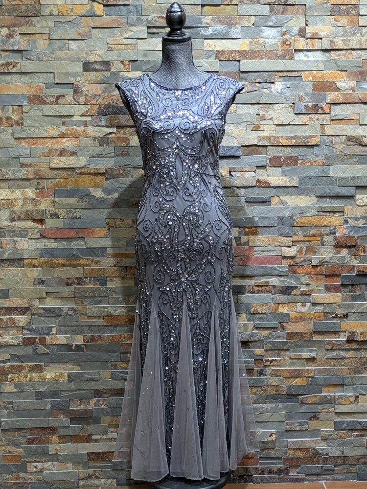 Pisarro Nights Steel Grey Beaded Gown with Godets, Size 4