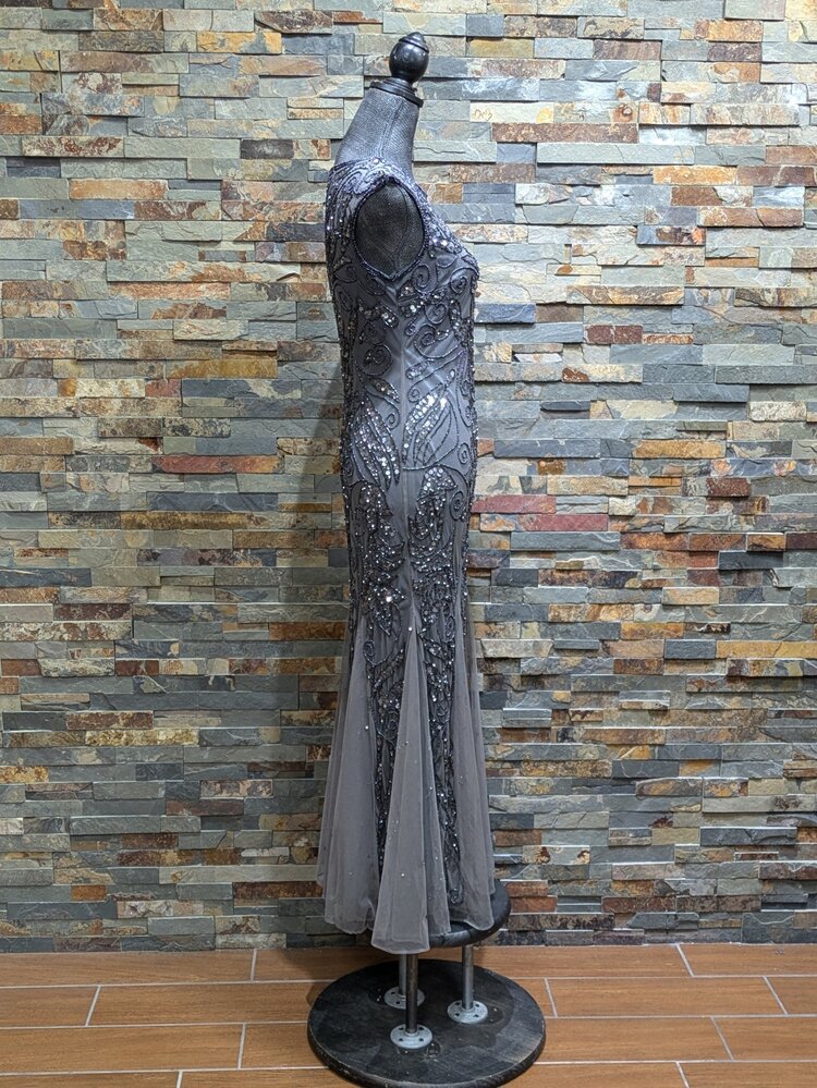 Pisarro Nights Steel Grey Beaded Gown with Godets, Size 4