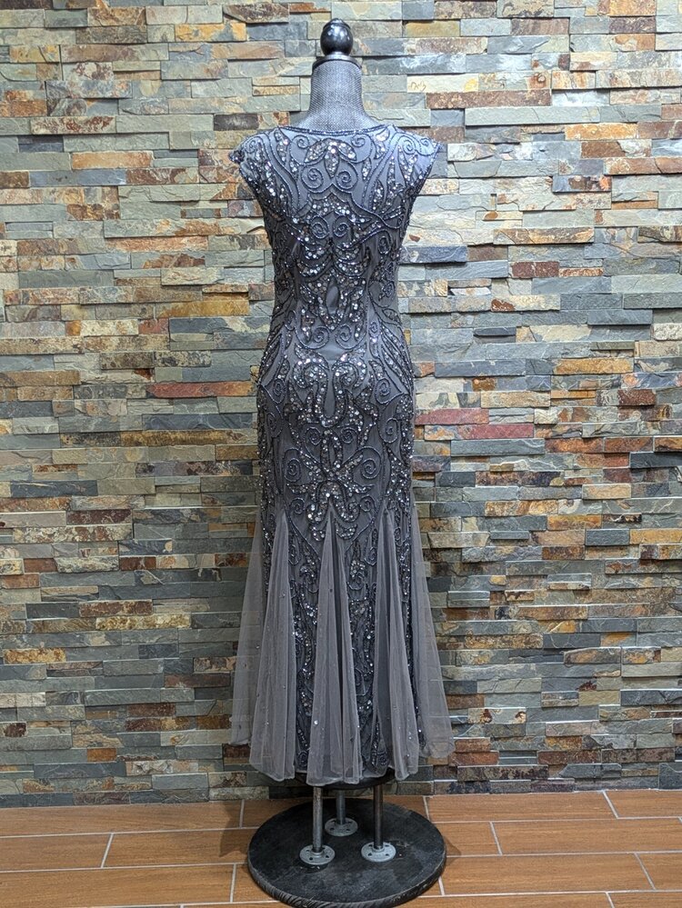 Pisarro Nights Steel Grey Beaded Gown with Godets, Size 4