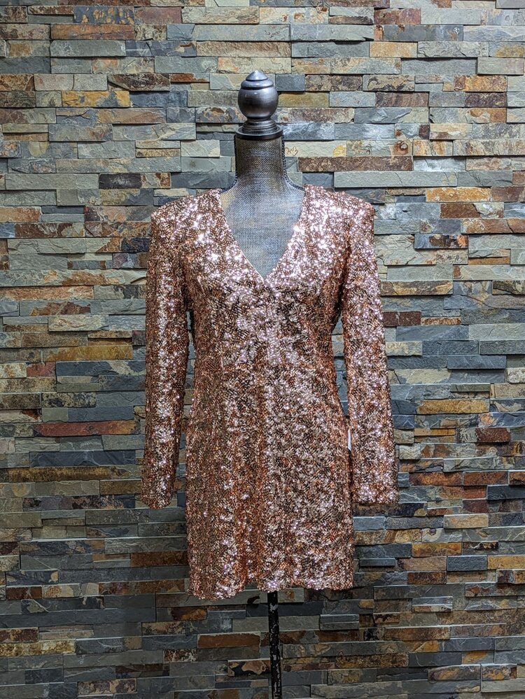 Dress The Population Gold Shimmer Deep V-Neck Cocktail Dress, Size XL