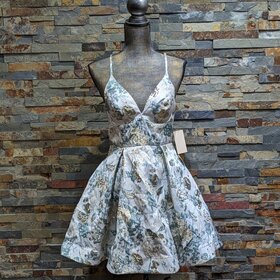 B Darlin Sage and Gold Floral Fit & Flare Dress