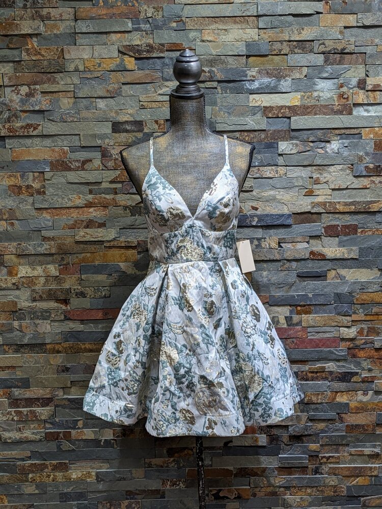 B Darlin Sage and Gold Floral Fit & Flare Dress