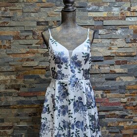 City Studio Blue & Ivory Metallic Floral Fit & Flare Dress, Size 13/14