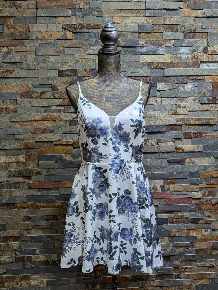 City Studio Blue & Ivory Metallic Floral Fit & Flare Dress, Size 13/14