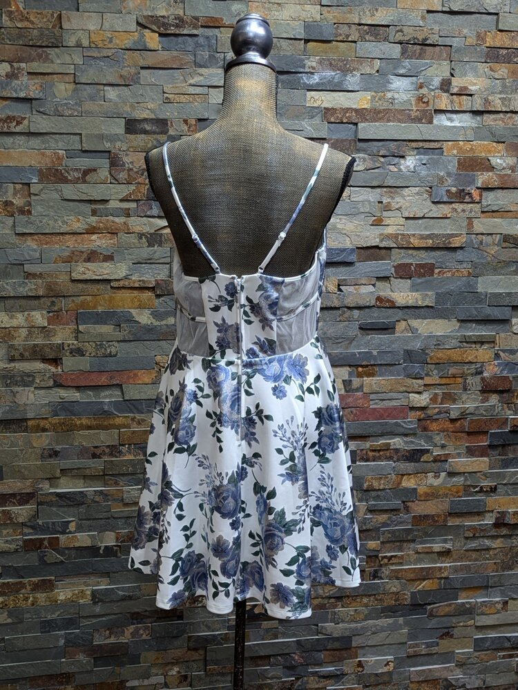 City Studio Blue & Ivory Metallic Floral Fit & Flare Dress, Size 13/14