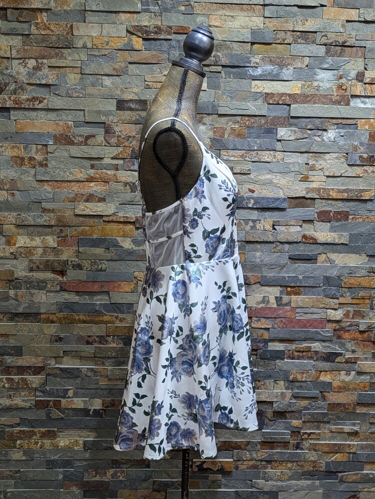 City Studio Blue & Ivory Metallic Floral Fit & Flare Dress, Size 13/14