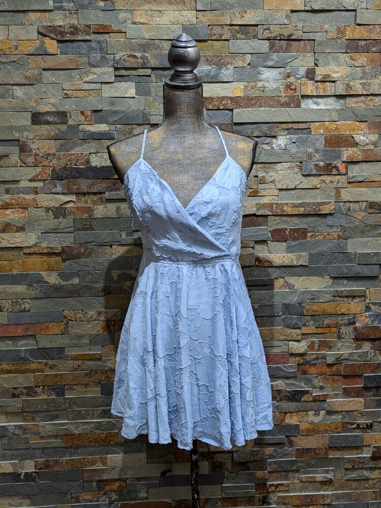 Trixxi Baby Blue Jacquard Dress with Cross-Strap Back