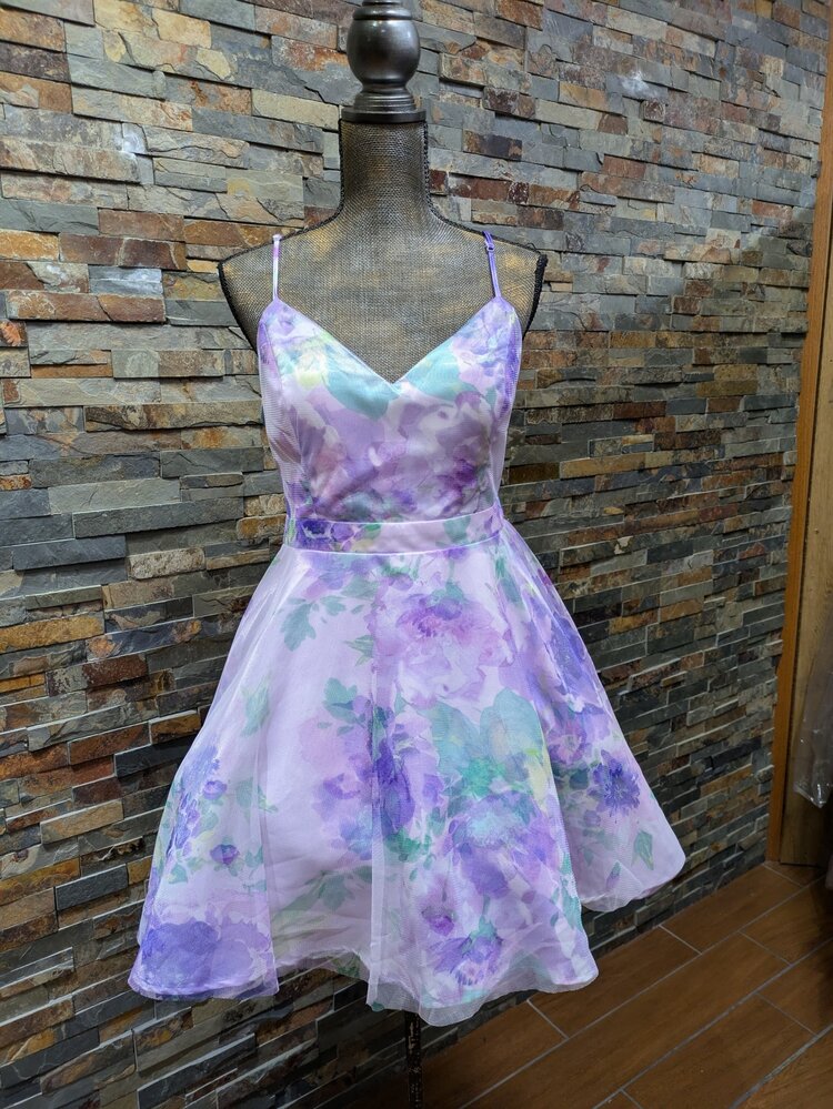 City Studio Purple Floral Lace Back Cocktail Dress, Size 15/16