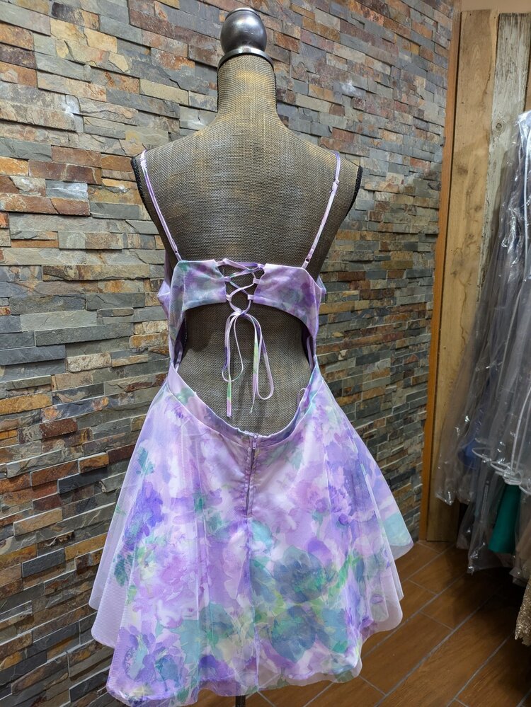 City Studio Purple Floral Lace Back Cocktail Dress, Size 15/16