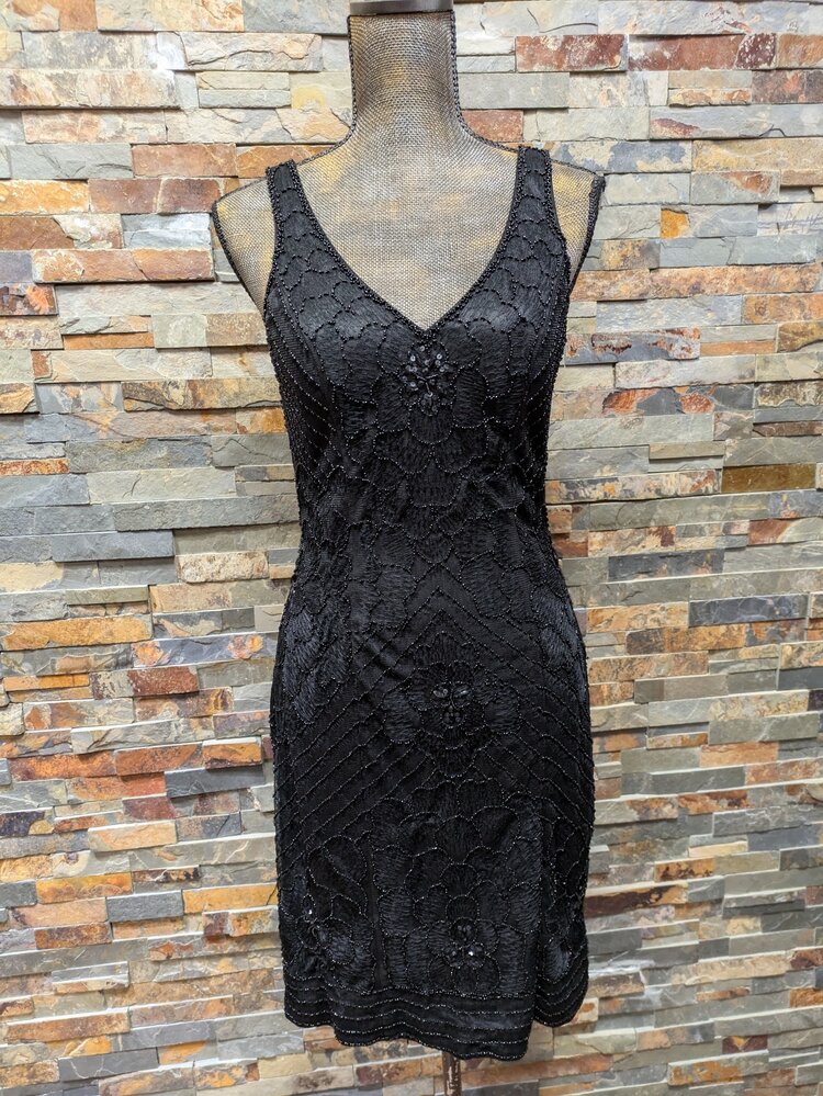 Sue Wong Black Beaded Cocktail Dress, Size 10