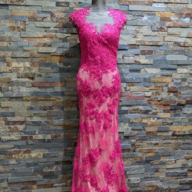 Jovani Hot Fuchsia & Nude w/ Floral Detail, Size 8