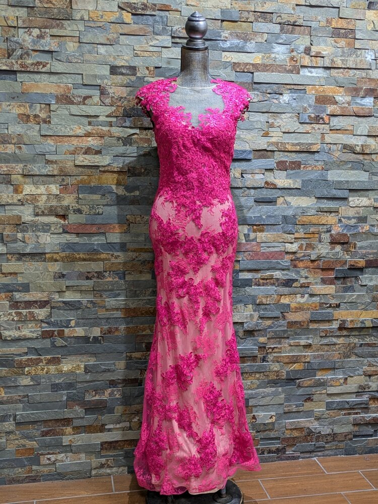 Jovani Hot Fuchsia & Nude w/ Floral Detail, Size 8