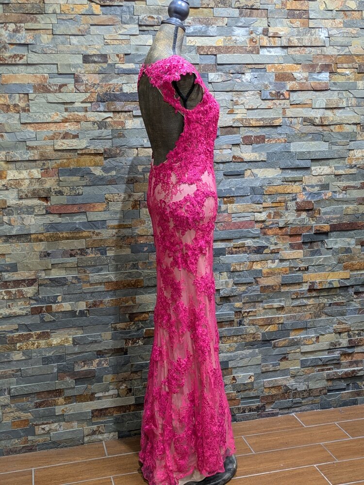 Jovani Hot Fuchsia & Nude w/ Floral Detail, Size 8