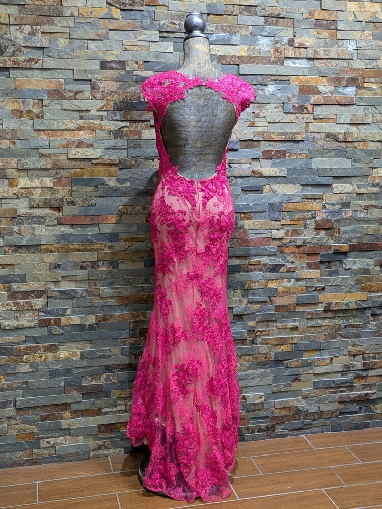 Jovani Hot Fuchsia & Nude w/ Floral Detail, Size 8