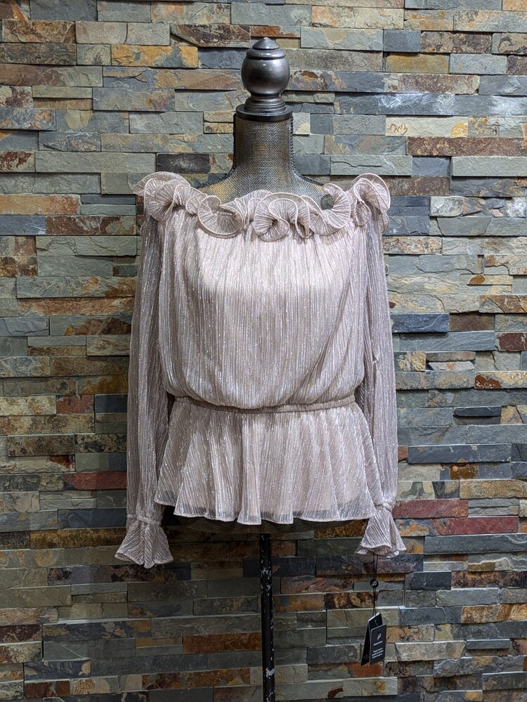 Adrianna Papell Taupe Shimmer Ruffled Edged Top, Size 16