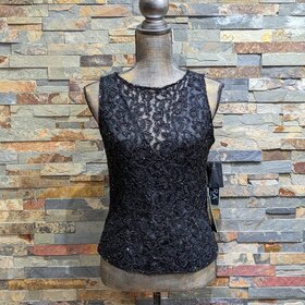 Jkara Black Beaded Top w/ Lace Detail, Size M