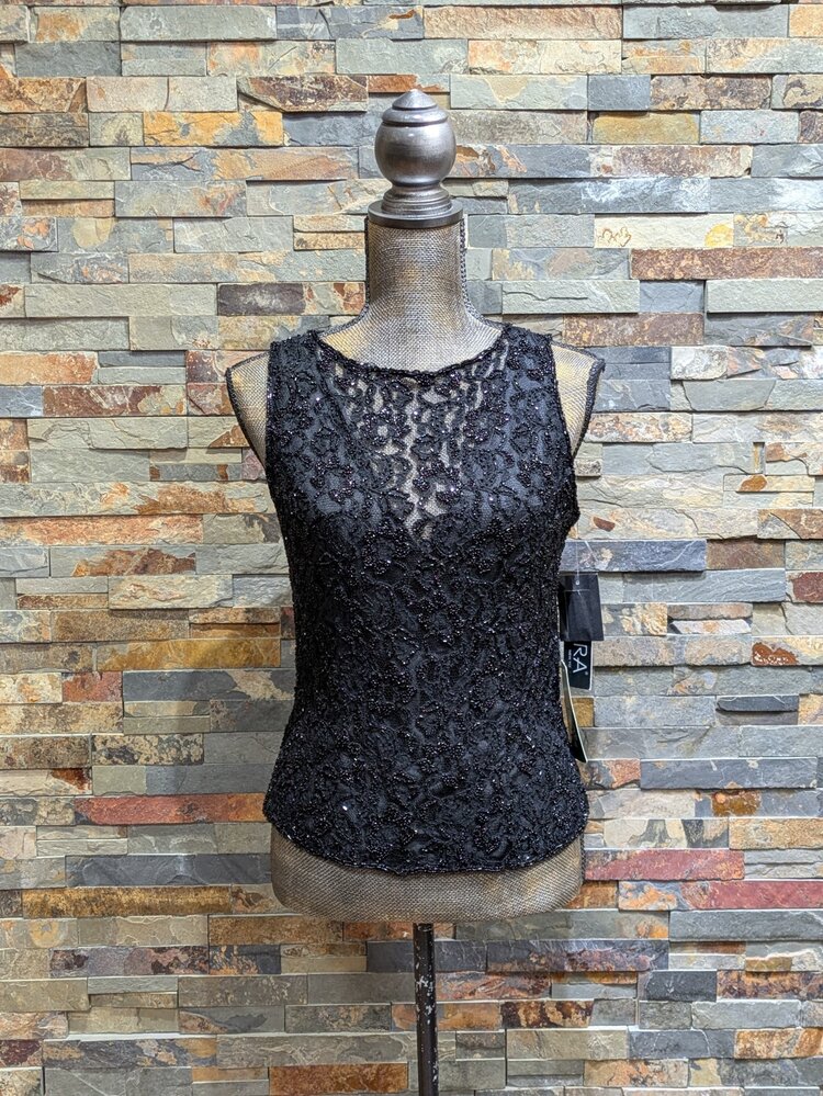 Jkara Black Beaded Top w/ Lace Detail, Size M