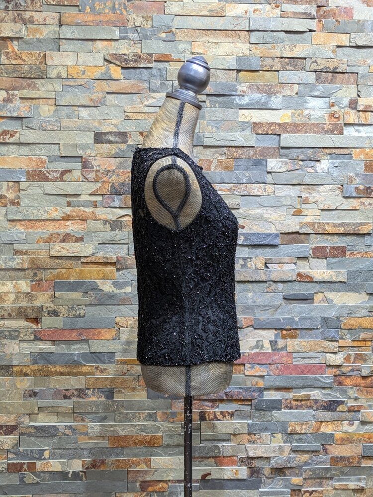 Jkara Black Beaded Top w/ Lace Detail, Size M