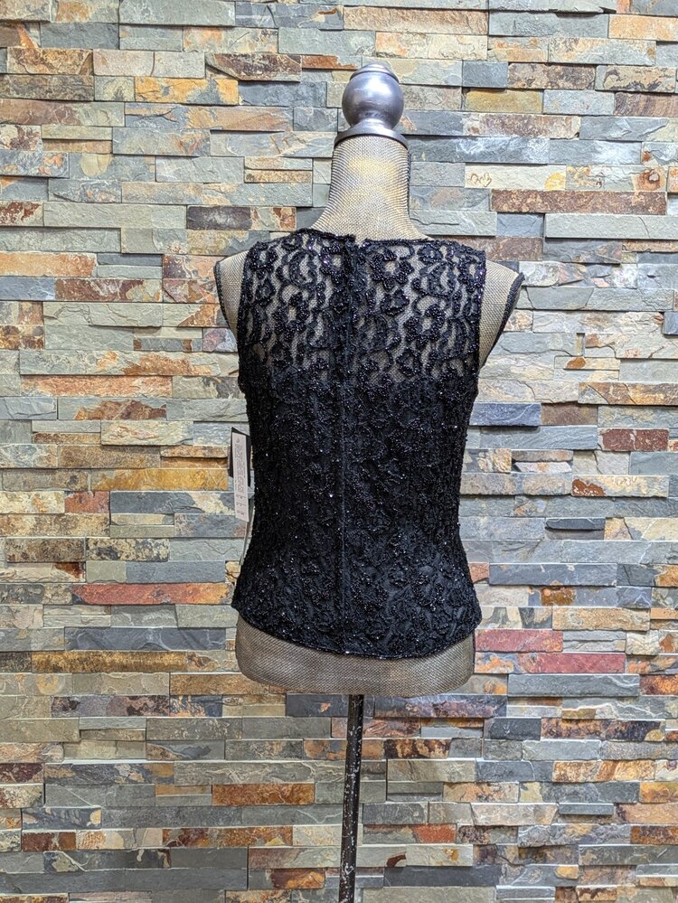 Jkara Black Beaded Top w/ Lace Detail, Size M