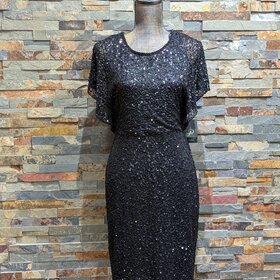 Adrianna Papell Black Sequin Beaded Illusion Dress, Size 8