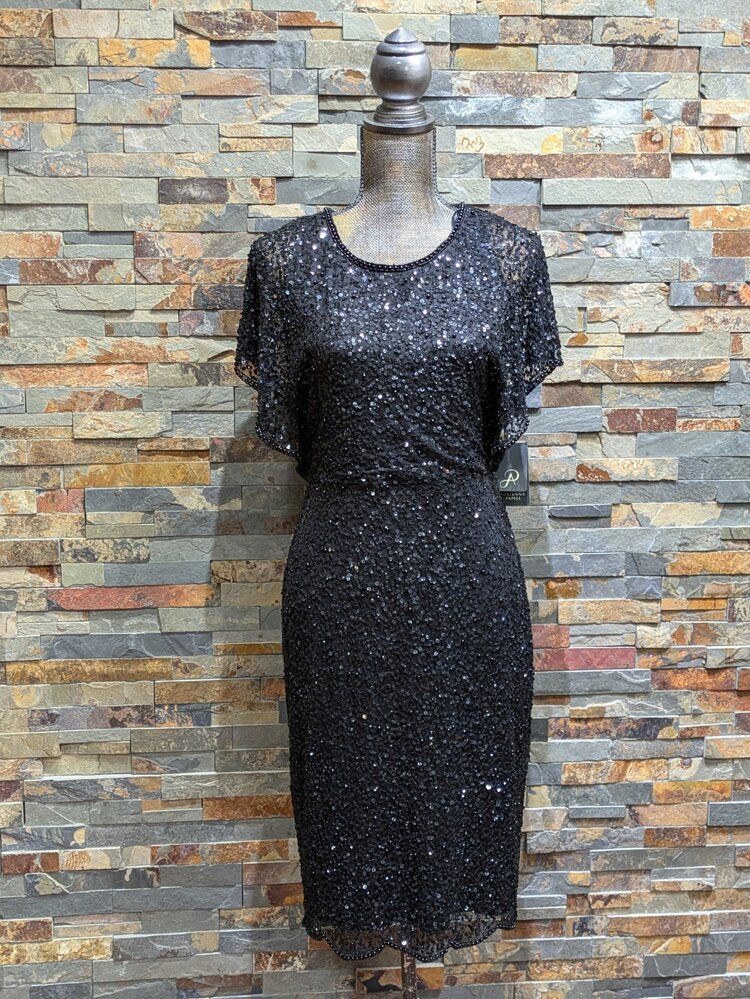Adrianna Papell Black Sequin Beaded Illusion Dress, Size 8