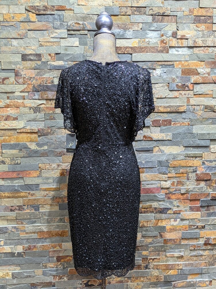 Adrianna Papell Black Sequin Beaded Illusion Dress, Size 8